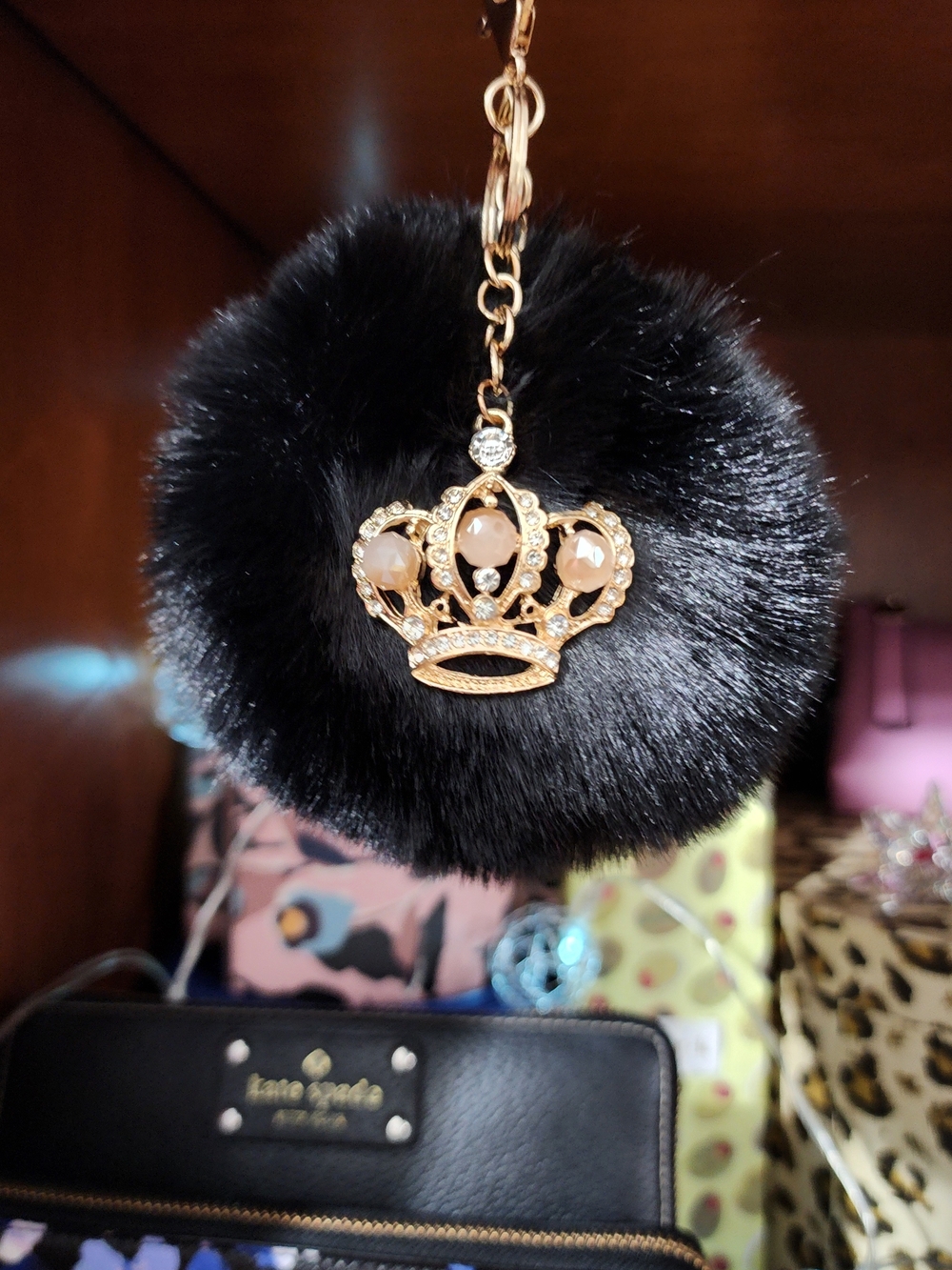 NWT Black Fur Pom Keychain with Gold Crown Charm - Picture 3 of 4